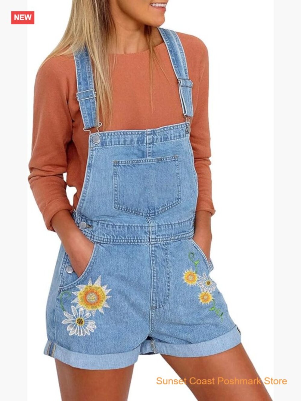 Classic Adjustable Straps Cuffed Hem Denim Bib Overalls Shorts